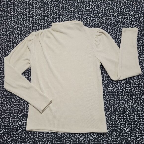 NWOT Express Cream Soft Ribbed Classic Chic High Neck Puff Shoulder Sweater - Picture 1 of 5